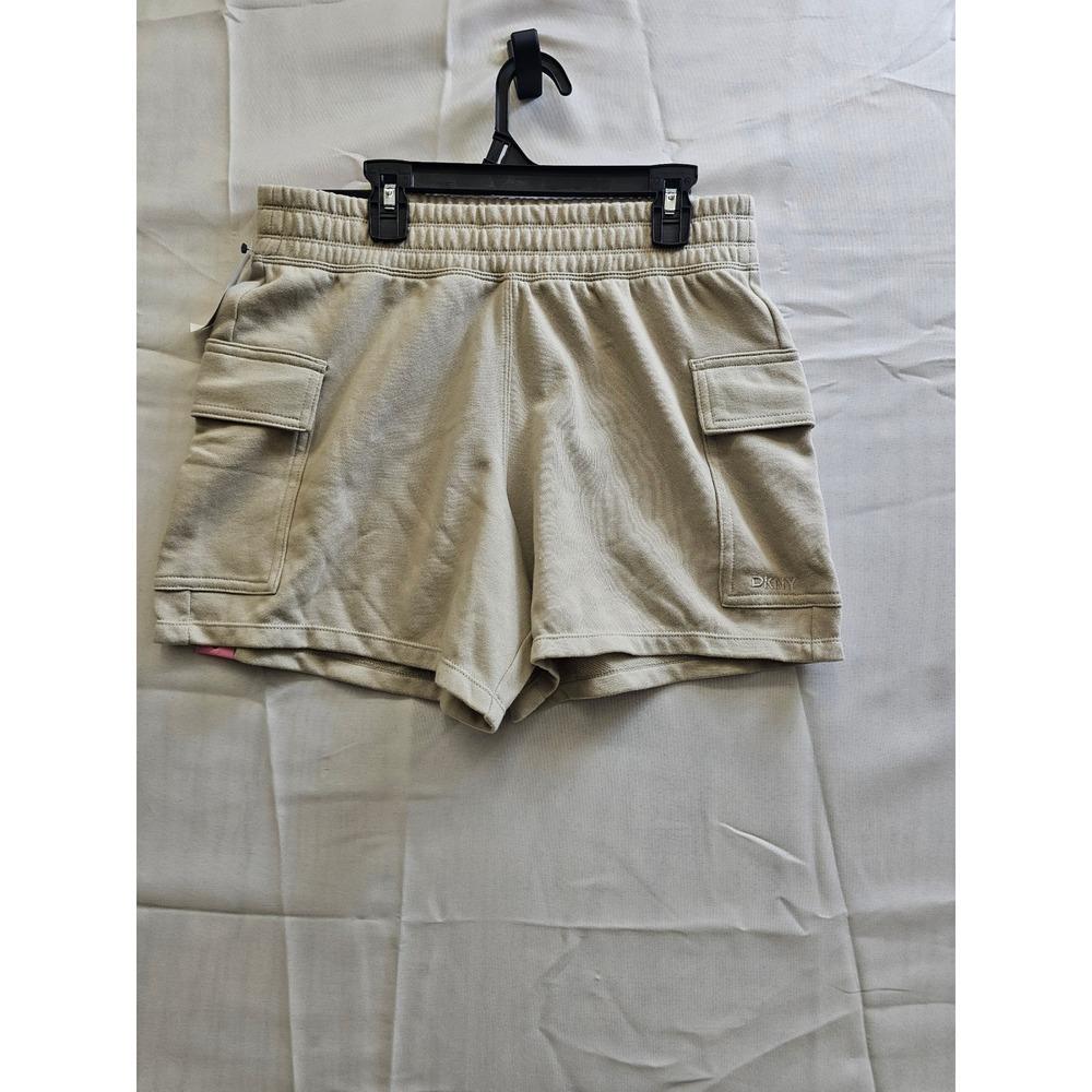 DKNY Sport Womens Cargo Shorts Khaki Tan Elastic Waist Fleece Casual New Small